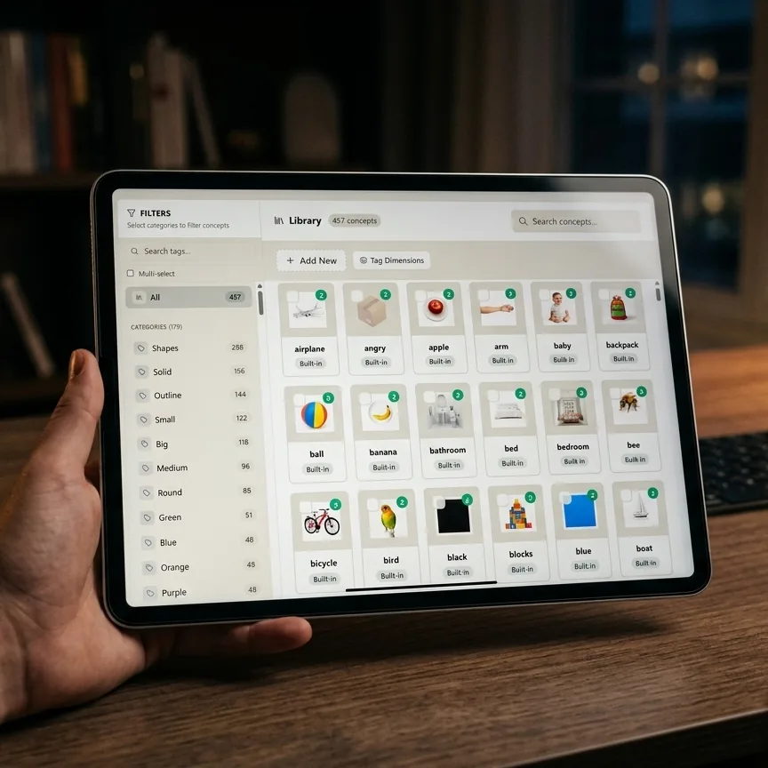 Interlaza stimulus library showing 600+ concept cards including realistic photos, pictograms and shapes