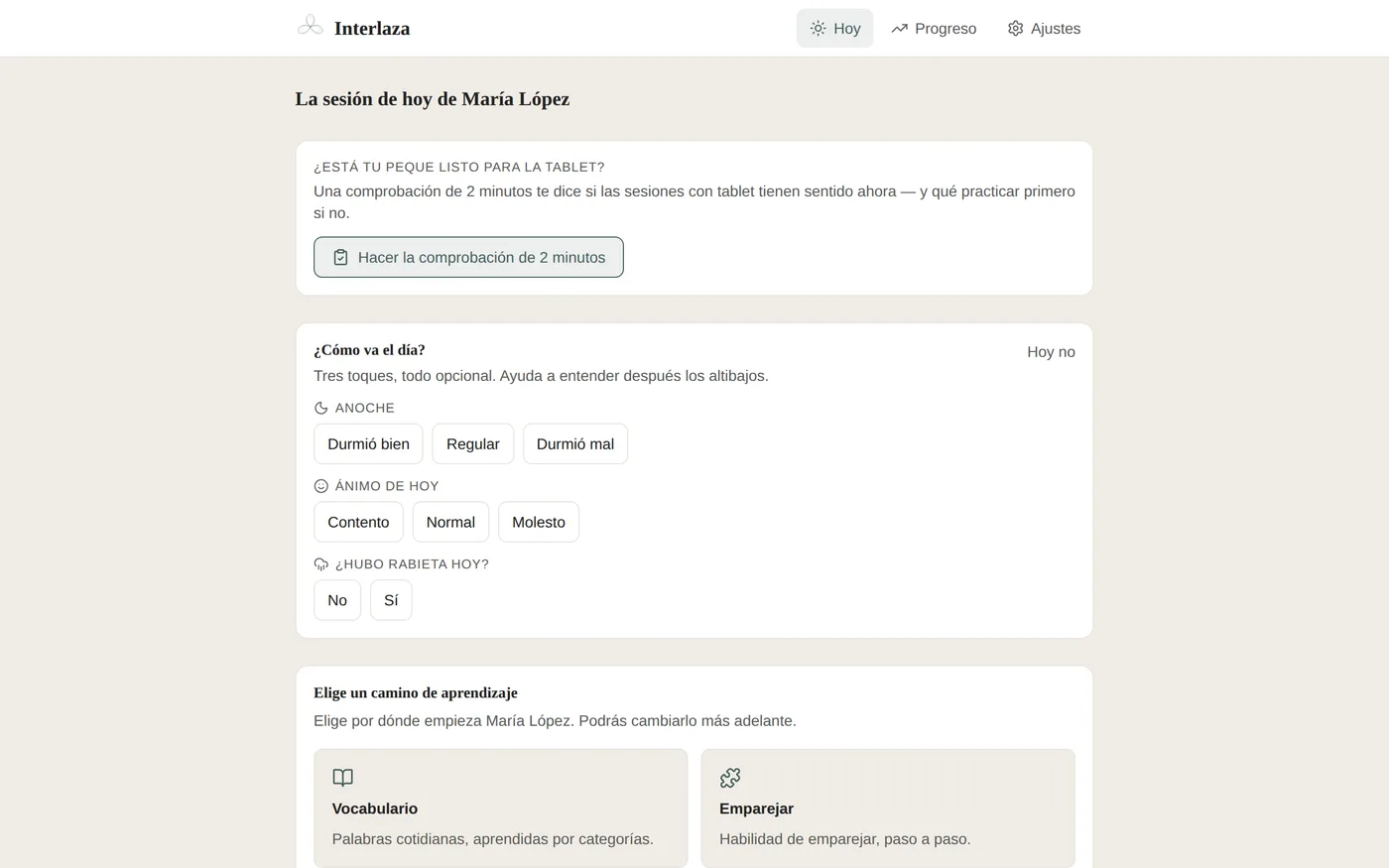 La pantalla Hoy con la tarjeta de la comprobación de 2 minutos arriba, encima de la sesión del día