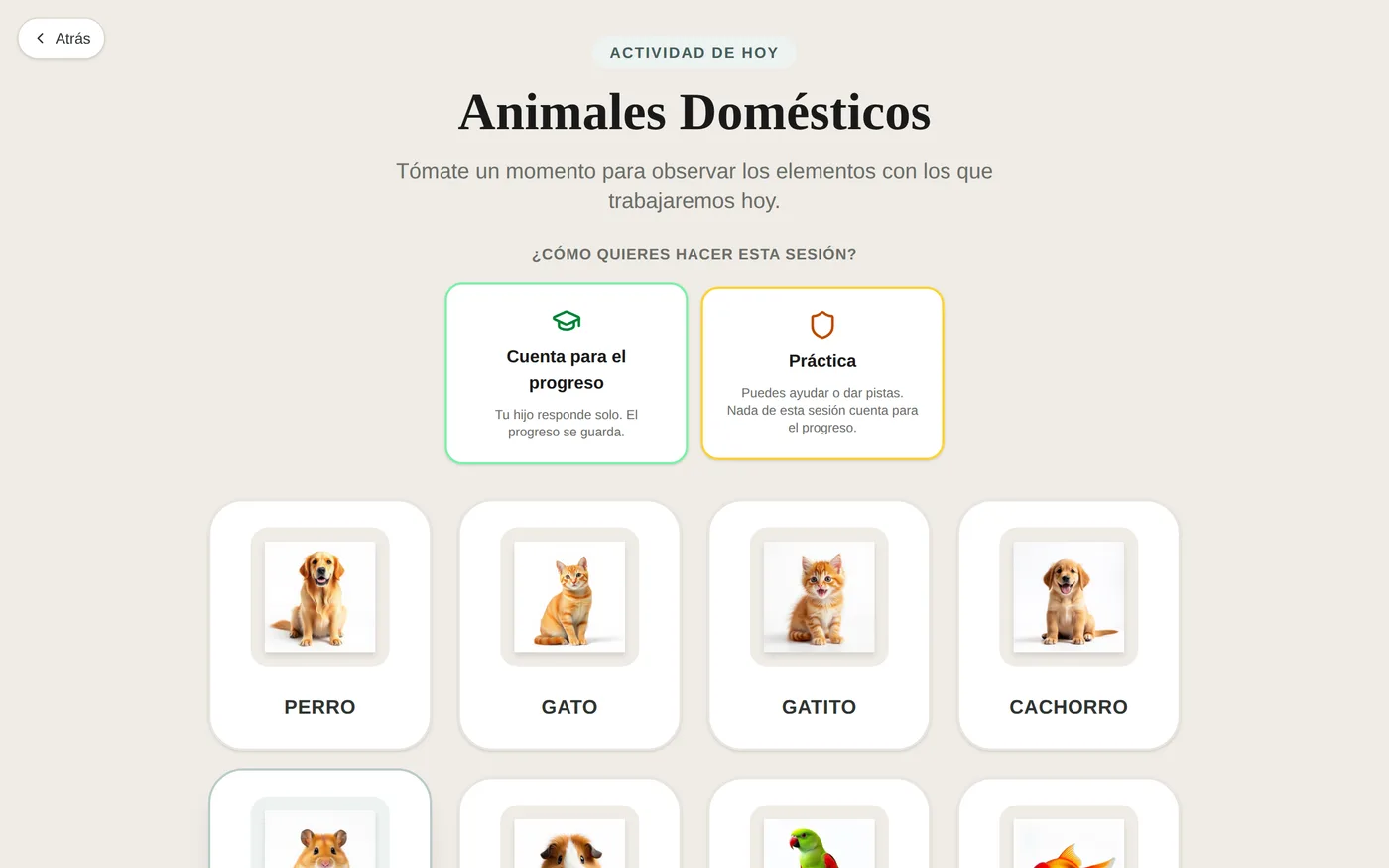 La pantalla de introducción de la actividad: los conceptos de hoy en una cuadrícula de imágenes, con la elección entre una sesión que cuenta para el progreso y una de práctica