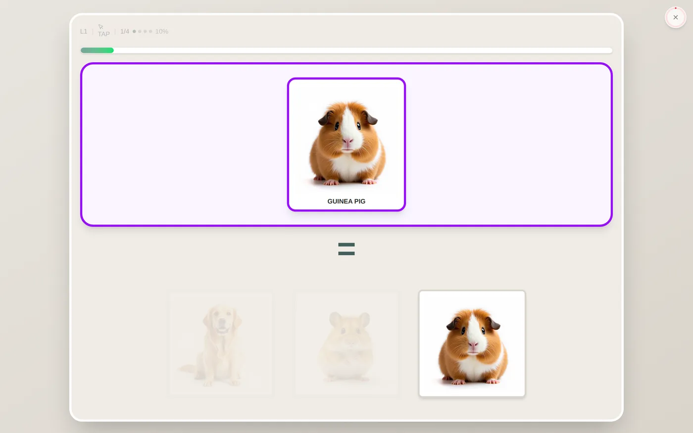A trial screen: the sample picture on top, three options below, with the two wrong options shown almost transparent
