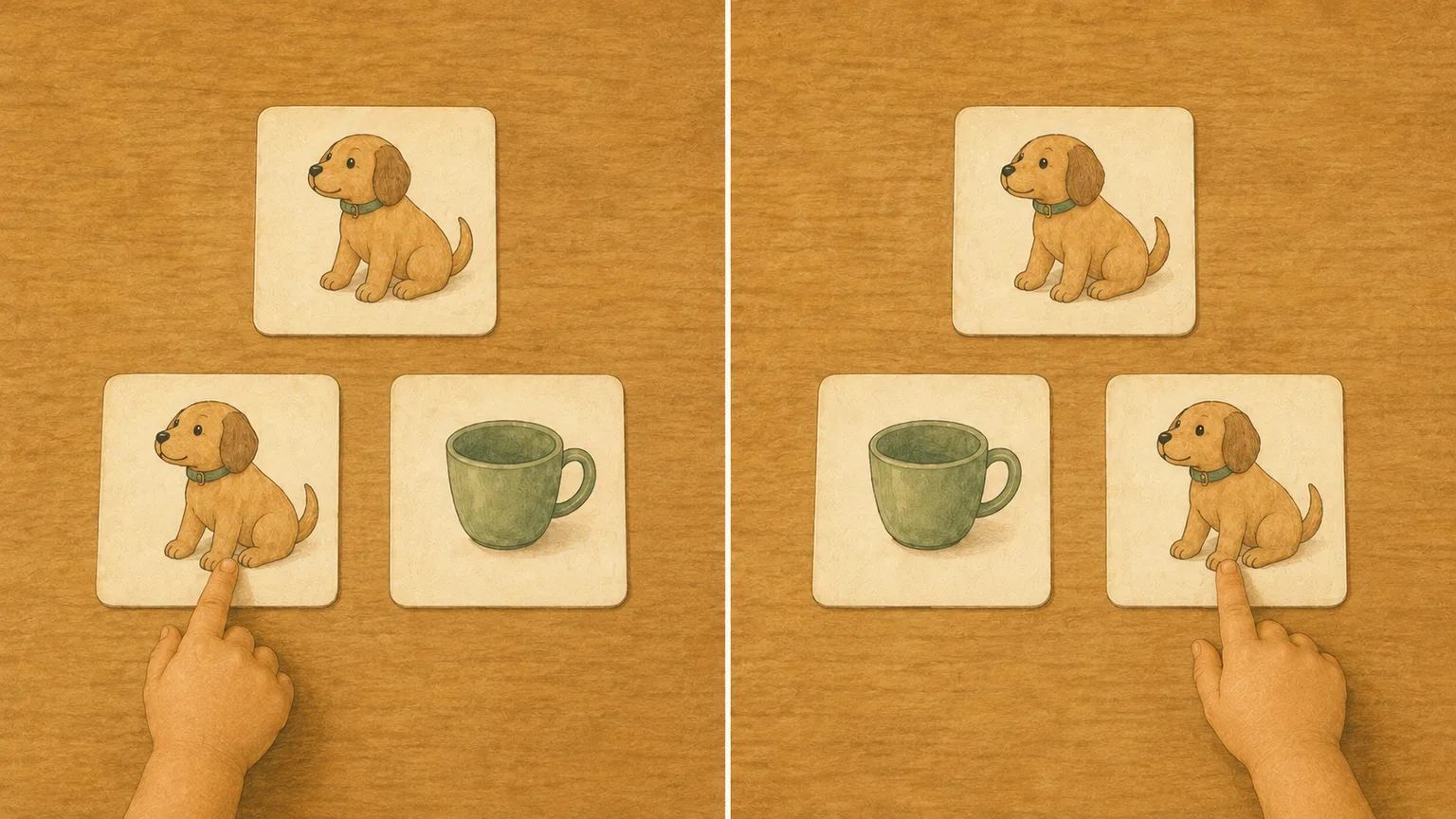 Two illustrated trials with a dog sample in both. On the left, the dog comparison is left of the cup and is selected. On the right, the cards have swapped positions and the dog on the right is selected.