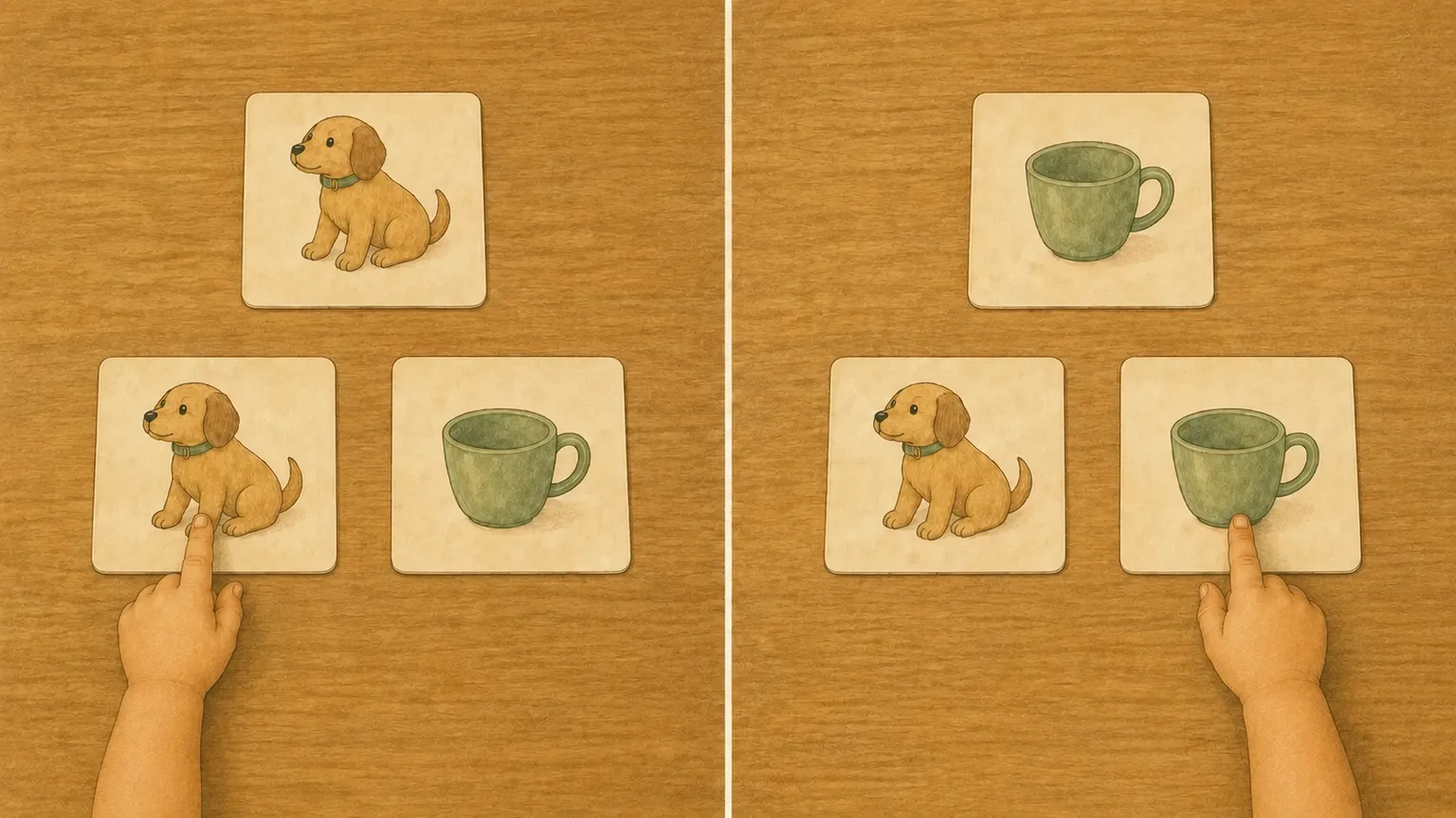 Two illustrated trials. On the left, a dog sample above dog and cup cards; a child's finger chooses the dog. On the right, a cup sample above the same cards in the same positions; the child's finger chooses the cup.