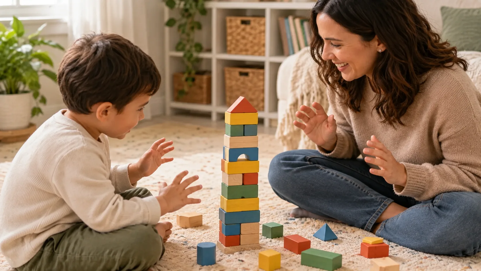 An adult and child build a tower of blocks