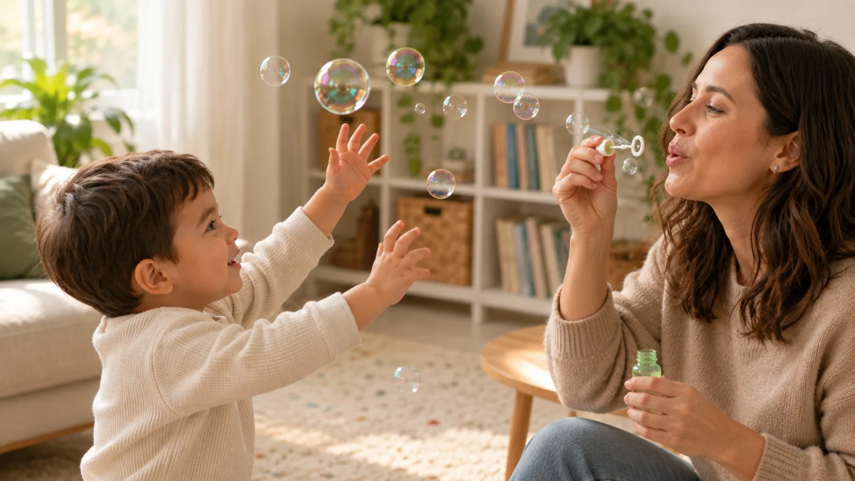 An adult blows bubbles while a child reaches toward one