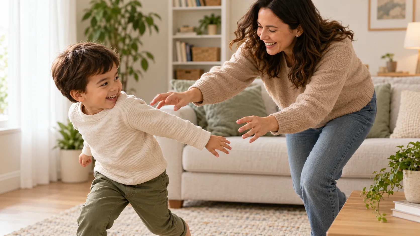 An adult and child play a gentle chase-and-tickle game