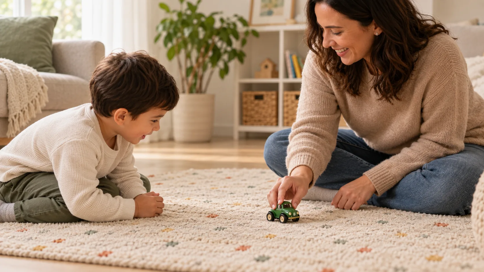 An adult and child wait before releasing a wind-up toy