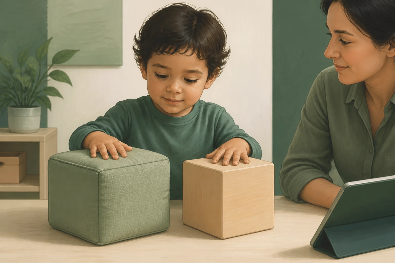 Conceptual illustration of a child voluntarily exploring a large fabric cube and a smooth wooden block alongside an Instructor. The Instructor has a tablet available to enter Log_obs.
