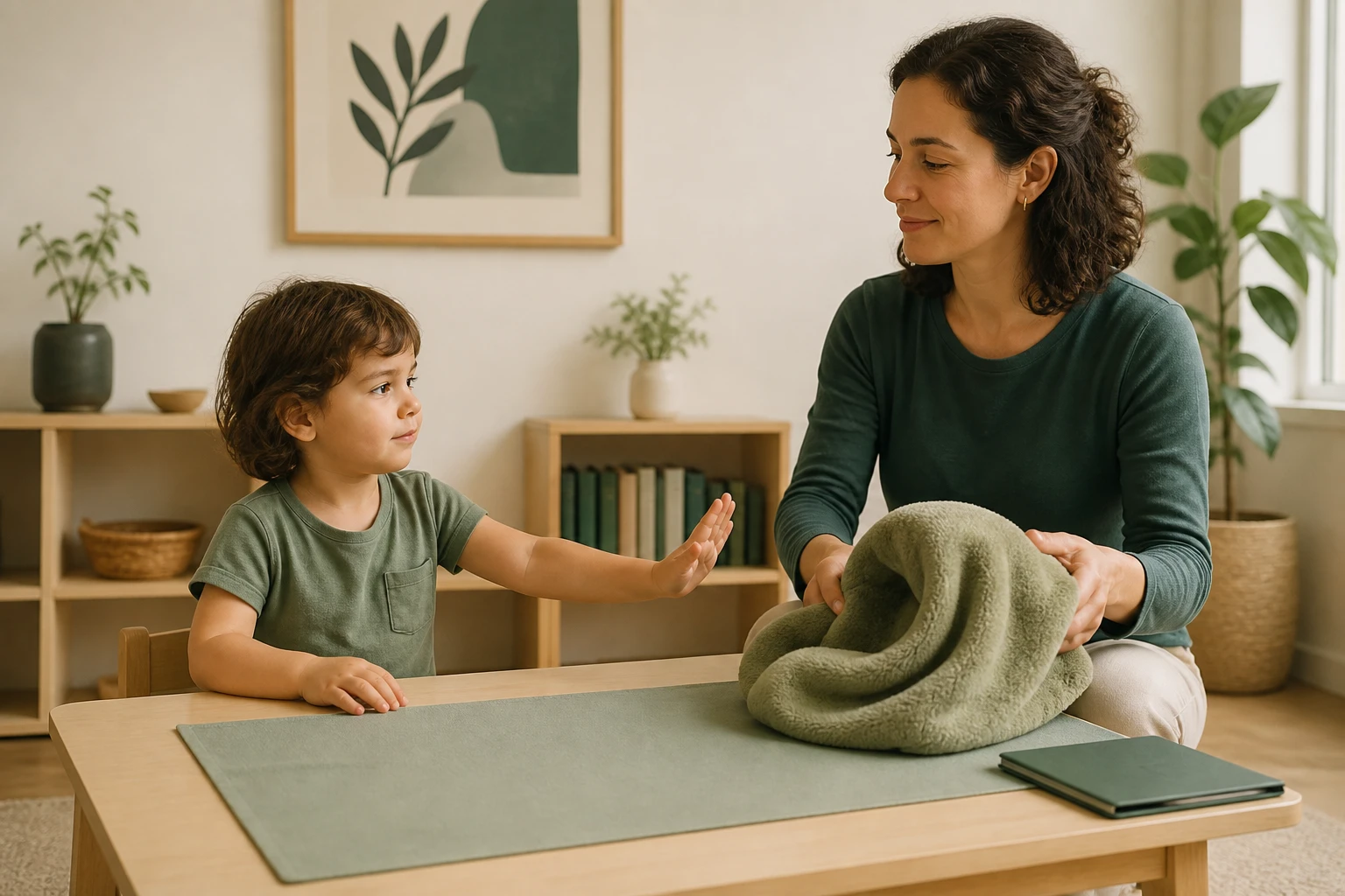 Conceptual illustration of a child indicating that the material is not wanted. The Instructor accepts the choice without guiding or holding the child's hands; the tablet remains closed at that moment.