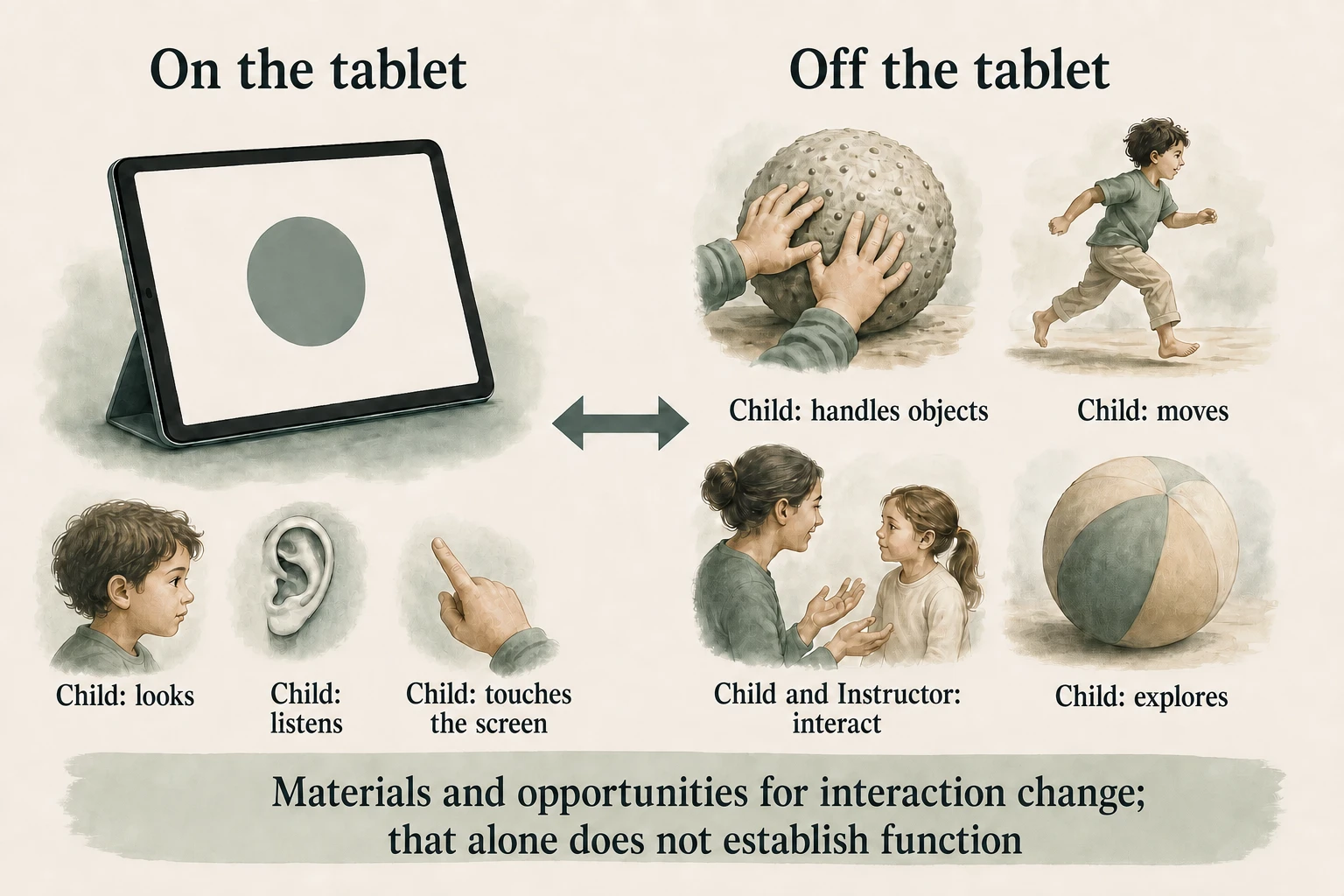 On the tablet, the child looks, listens, and touches the screen. Off the tablet, the child handles objects, moves, and explores; the child and Instructor interact. Neither environment establishes function by itself.