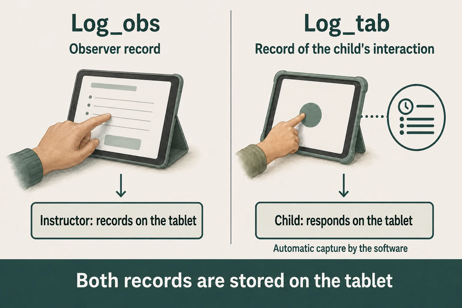 Log_obs: the Instructor enters an observation record on the tablet. Log_tab: the child responds on the tablet and the software automatically captures the interaction. Neither record is on paper.