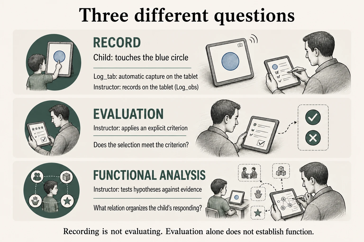 Record: the child touches the blue circle; the software captures Log_tab, and the Instructor can enter Log_obs on the tablet. Evaluation: the Instructor applies an explicit criterion. Functional analysis: the Instructor tests hypotheses against evidence.
