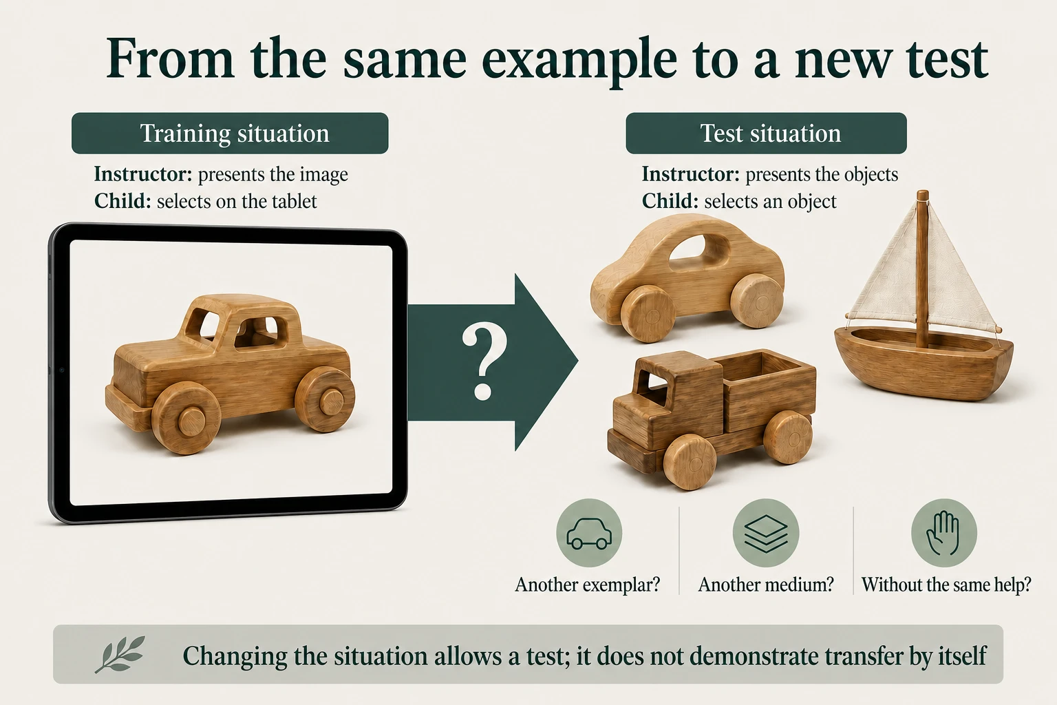 Training: the Instructor presents an image and the child selects on the tablet. Test: the Instructor presents objects and the child selects one. The question mark shows that transfer must be tested; success is not asserted.