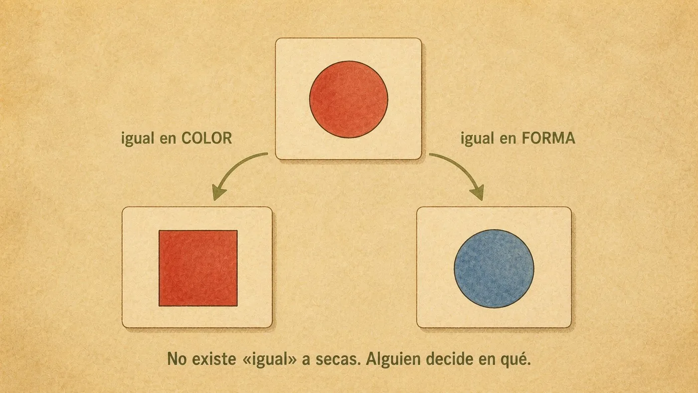 La misma muestra con dos flechas: una al cuadrado rojo con la etiqueta «color», otra al círculo azul con la etiqueta «forma»