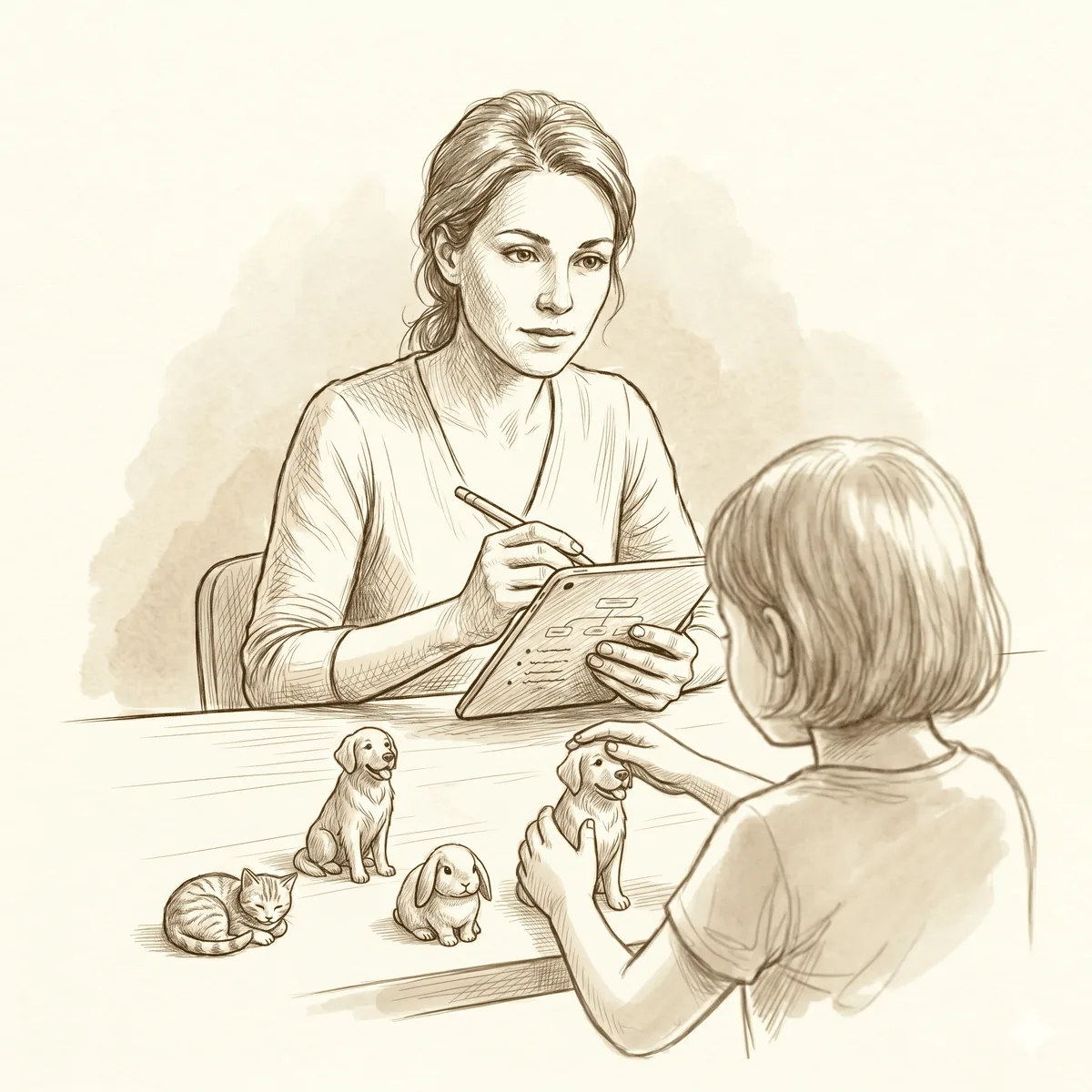 Instructor reviewing session notes next to a child working on a tablet