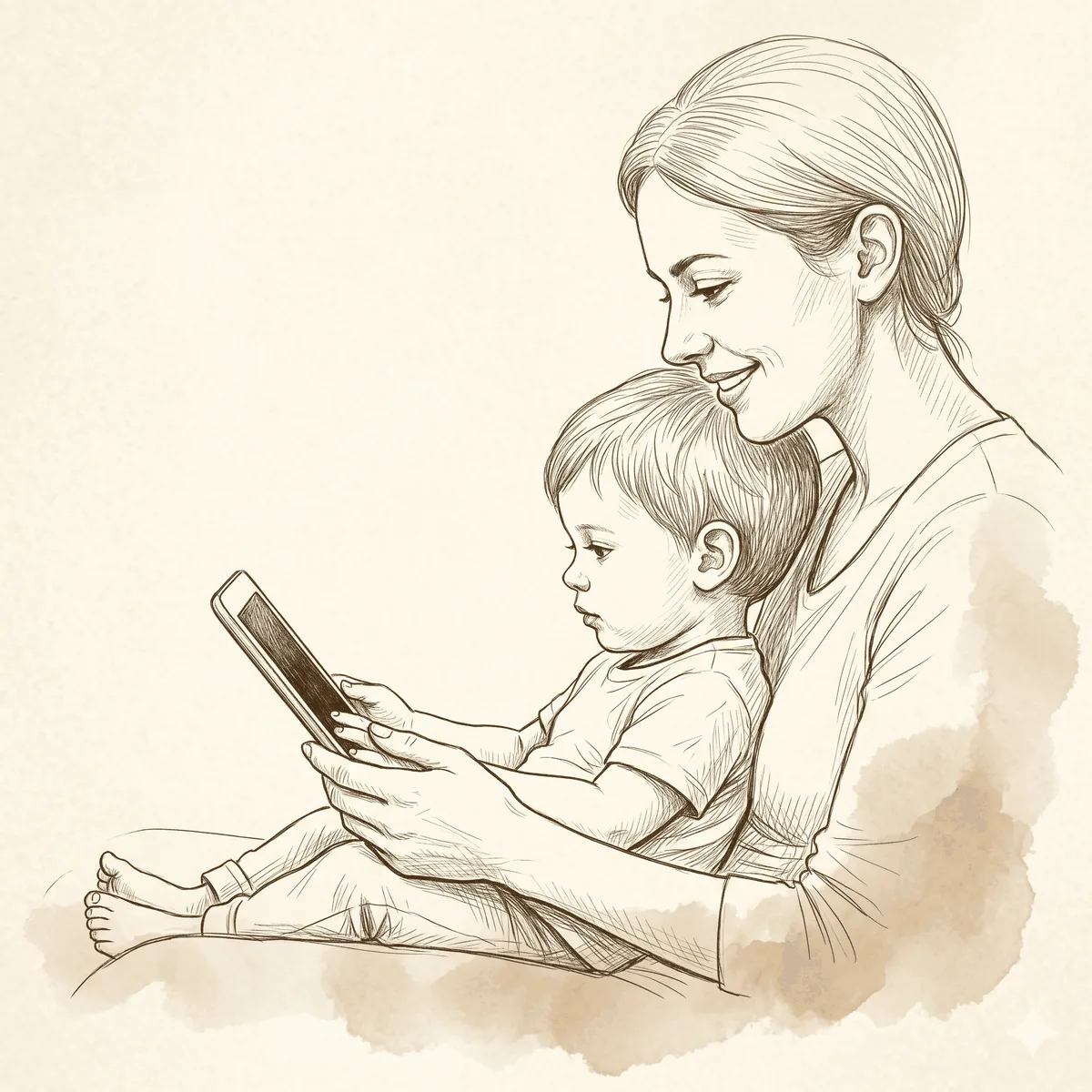 Mother and child practicing together with a tablet on her lap